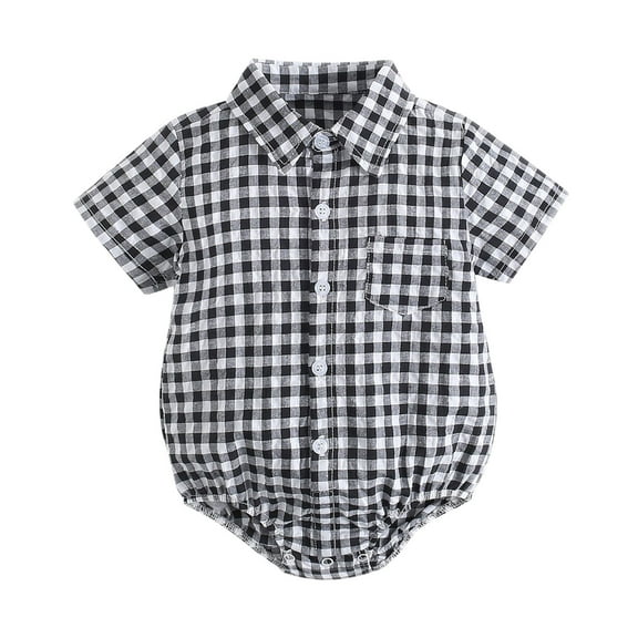 Baby Onesies For Baby Boy Bodysuits Kids Girls Short Sleeve Patchwork Plaid Shirt Boy Clothes One Piece Romper Black 0-6 Months