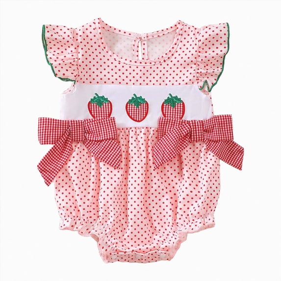 Baby Onesies Girl Baby Girl Outfit Infant Strawberry Polka Dot Print Bowknot Fly Sleeve Romper Bodysuit Casual Outfit