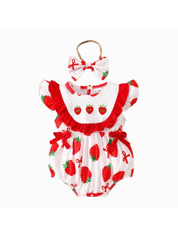 Baby Onesies Girl Baby Girl Strawberry Outfit Flutter Sleeve Strawberry Bow Smocked Romper Infant Baby Gingham Summer Clothes