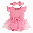 thumbnail image 1 of Baby Onesies Girl Baby Girl Summer Clothes Cute Newborn Girl Outfits Sleeveless Lace Solid Color One Piece Romper + Headband 2pcs Set, 1 of 7