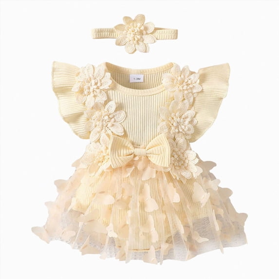 Baby Onesies Girl Baby Girl Summer Dress Ruffle Sleeveless Floral Embroidery Romper Dress Headband Beautiful Clothes Set
