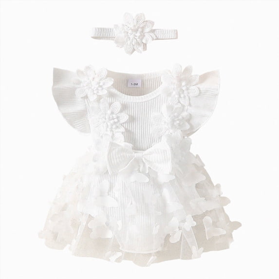 Baby Onesies Girl Baby Girl Summer Dress Ruffle Sleeveless Floral Embroidery Romper Dress Headband Beautiful Clothes Set