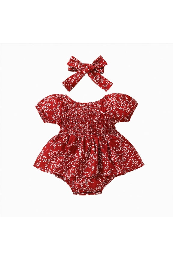 Baby Onesies Girl Baby Girls Romper Floral Ruffle Sleeve Pleated Smocked Bubble One-Piece Ruched Jumpsuit Summer Bodysuit