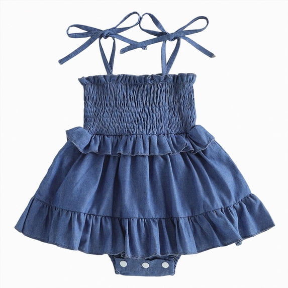 Baby Onesies Girl Girl Denim Romper Dress Newborn Baby Summer Outfits Sleeveless Tie Up Shoulder Smocked Ruffle Bodysuit