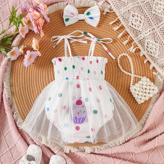 Baby Onesies Girl Infant Girls Sleeveless Polka Dot Mesh Romper with Headband Baby Boy Romper White 3-6 Months