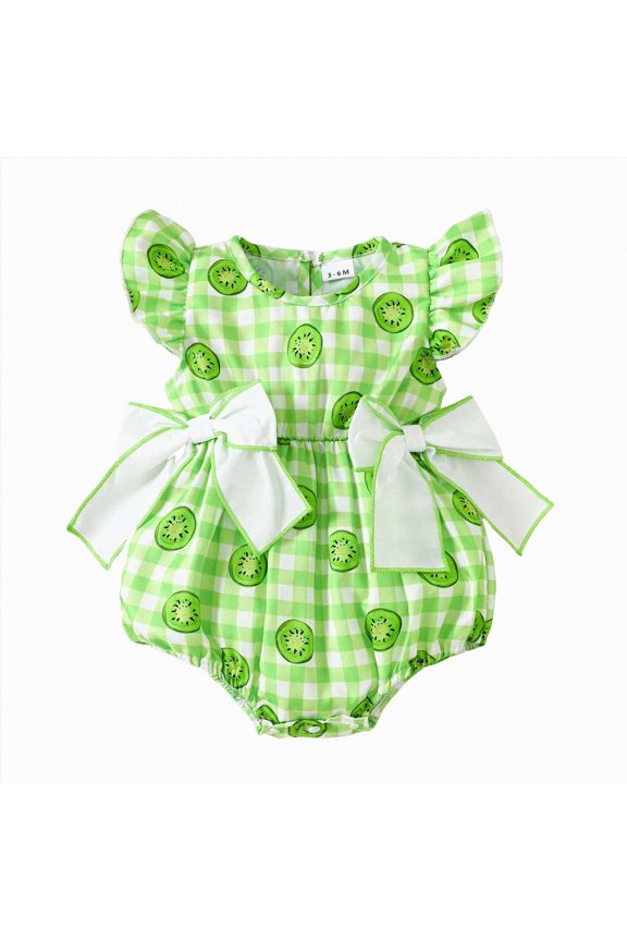 Baby Onesies Girl Kiwi Print Fly Sleeve Romper Bodysuit With Bow Girls Summer Outfit