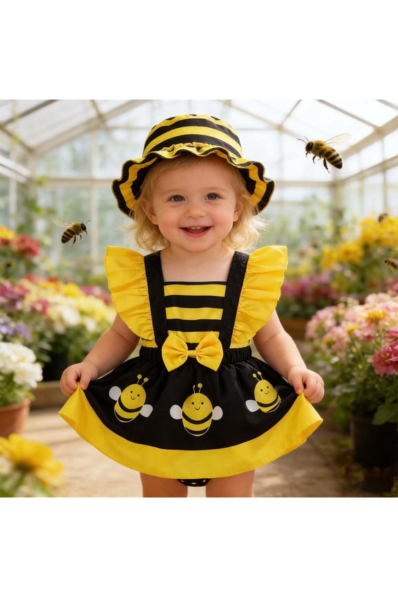 Baby Onesies Girl Summer Bee Print Sleeveless Bodysuit with Hat Baby Bodysuit Yellow 6-9 Months