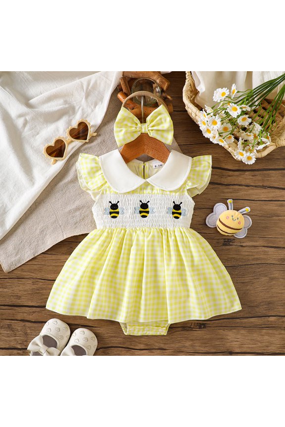 Baby Onesies Infant Girls Fly Sleeve Bee Embroidered Plaid Romper with Headband Baby Bodysuit Yellow 6-12 Months