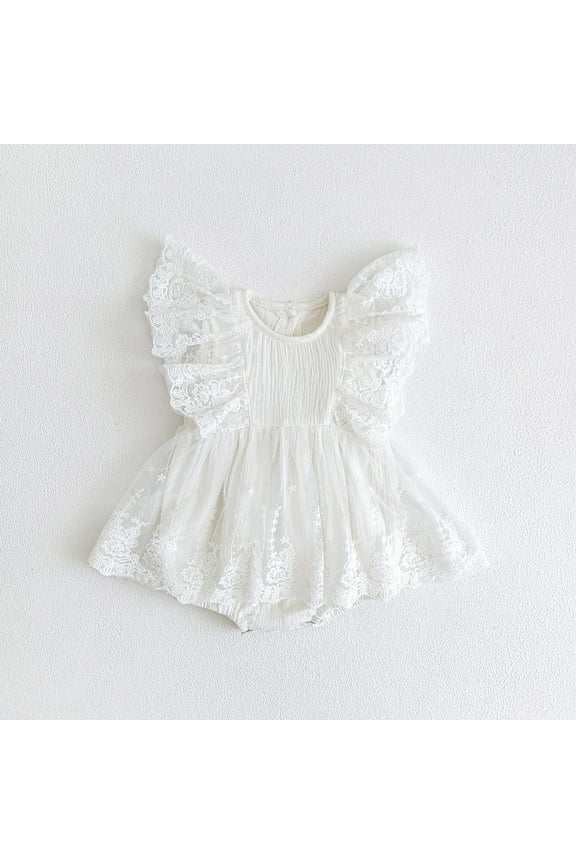Baby Onesies Infant Girls Fly Sleeve Floral Embroidered Ruffle Lace Romper Girls Romper White 6-9 Months