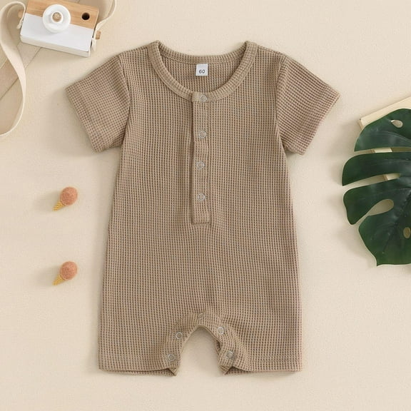 Baby Onesies Romper Soft Ribbed Knit Button Up Infants Climbing Clothes Short Sleeve Newborn Outfits 0-18 Months (3 Months, Coffee)