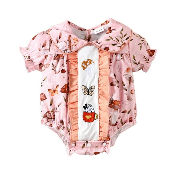 Baby Onesies Short Sleeve Prints Romper Ruffles Bodysuits Clothes Baby Girl Romper Pink 0 Months-3 Months