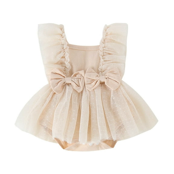 Baby Onesies Summer Tulle Dress Square Collar Flying Sleeve Bow Skirt Cotton Bodysuit Baby Romper Beige 12 Months-18 Months