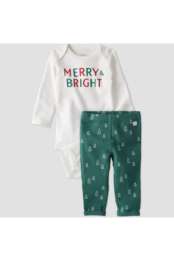 Baby Organic Cotton 'Merry & Bright' Bodysuit and Pants Set, Green/White 6M