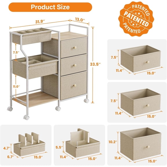 Baby Organizer and Storage - 3 Tier Rolling Cart with Dividers and Drawers, Easy To Assemble, Mobile Utility Cart with Wheels for Nursery, Bedroom, Changing Table & Crib,Off White