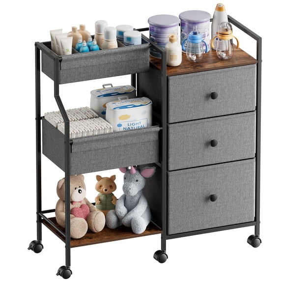 3 Tier Diaper Organizer & Storage Cart for Nursery, Bedroom, Changing Table with Dividers & Drawers