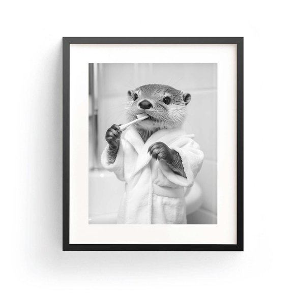 Baby Otter Bathrobe Brushing Teeth Funny Otter Wall Art Bathroom Art Cute Otter Print Quirky Animal Humor Funny Animal Bathtub Photo Nursery 16x24 UNFRAMED
