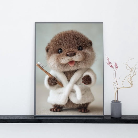 Baby Otter in Bathrobe Print – Whimsical Bathroom Art Poster Decor, Unframed Poster Size 12x18 F03.1.22l361