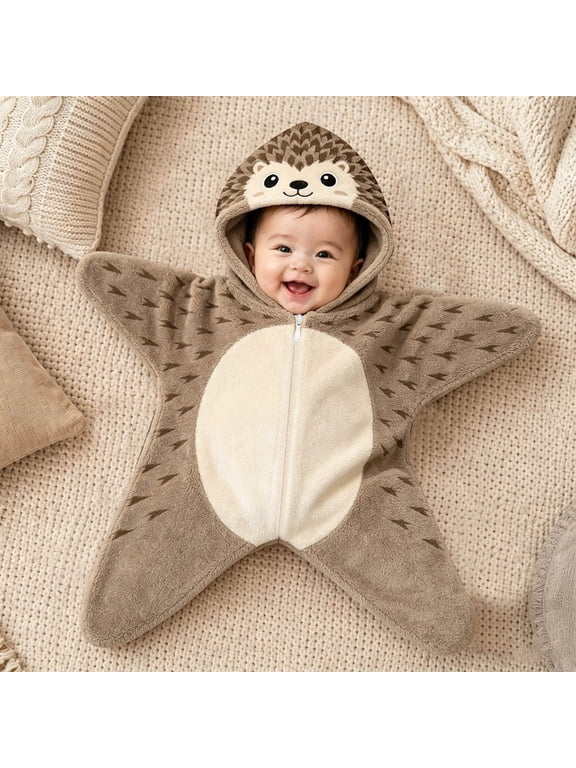 Baby Outfit, Animal Star Shape Flannel Romper for Baby Soft Warm Zip Jumpsuit, Cozy Sleepwear Playwear,70cm(0-3months),Hedgehog