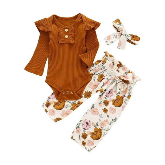 Baby Outfit Baby Girl Outfits 12-18 Months Girl Clothes Ribbed Ruffled Romper+Floral Pants+Headband Outfit Set Coffee 12-18 Months