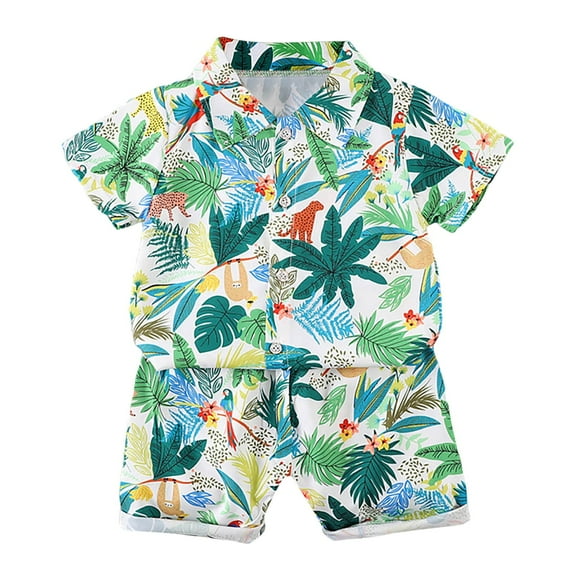 Baby Outfits Boy Hawaiian Style Coconut Tree Print Toddler Kids Boys'summer Beach Button Down Shirt and Shorts Set Baby Outfits White 6 Months-12 Months