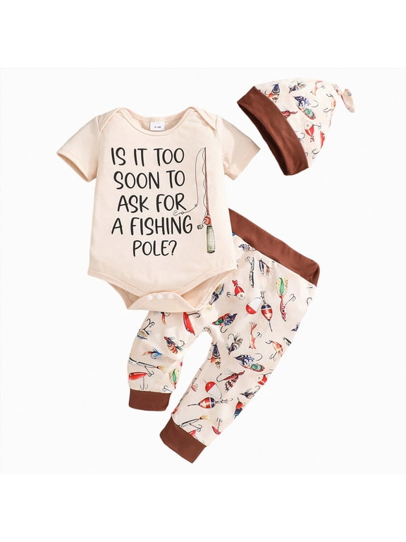 Baby Outfits Boy Newborn Baby Boy Summer Outfit Fishing Print Short Sleeve Romper Shirt Top Elastic Pants Matching Hat Set Cute Clothes