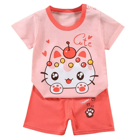 Baby Outfits Boy Summer Kids Toddler Boys and Girls Cartoon Print Short Sleeved T Shirt with Shorts Two Piece Set Baby Boy Summer Clothes Black 4 Years-5 Years