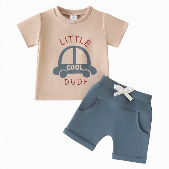 Baby Outfits Boy Toddler Boys Summer Fashion Set Crew Neck Solid Color Short Sleeved Pocket Detail T Shirt Elastic Shorts Two Piece Beige 18-24 Months