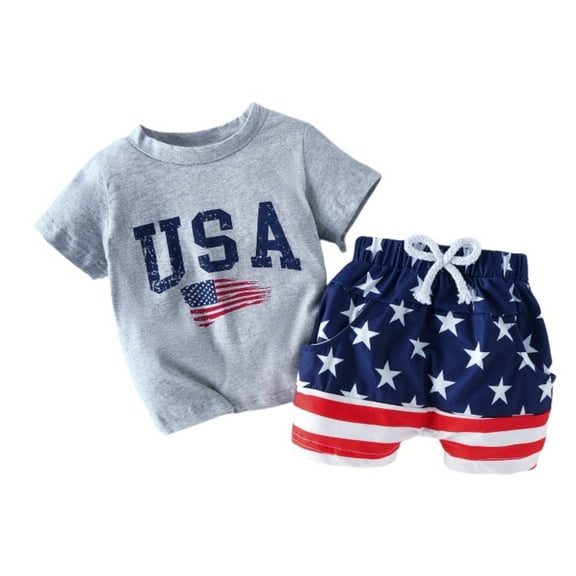 Baby Outfits Boy Toddler Kids Boys Independence Day 4Th of July Letter Flag Prints Short Sleeve T Shirt Shorts Outfits Toddler Boy Outfits Grey 12 Months-18 Months