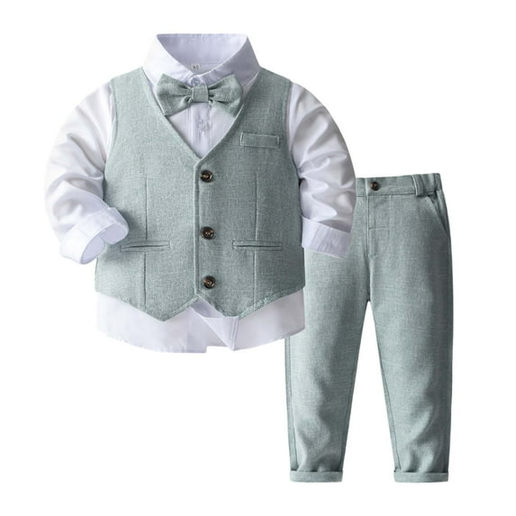 Baby Outfits Boy Toddler Kids Boys Solid 4 Piece Suit Set Shirt + Vest + Dress Pants + Bow Tie Breathable Lightweight Toddler Boy Outfits Light Green 3 Years-4 Years