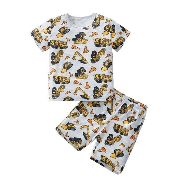 Baby Outfits Boy Toddler Kids Boys Summer Excavator Print Short Sleeve T Shirt and Shorts Breathable Lightweight 2 Piece Outfit Baby Outfits Light Gray 7 Years-8 Years