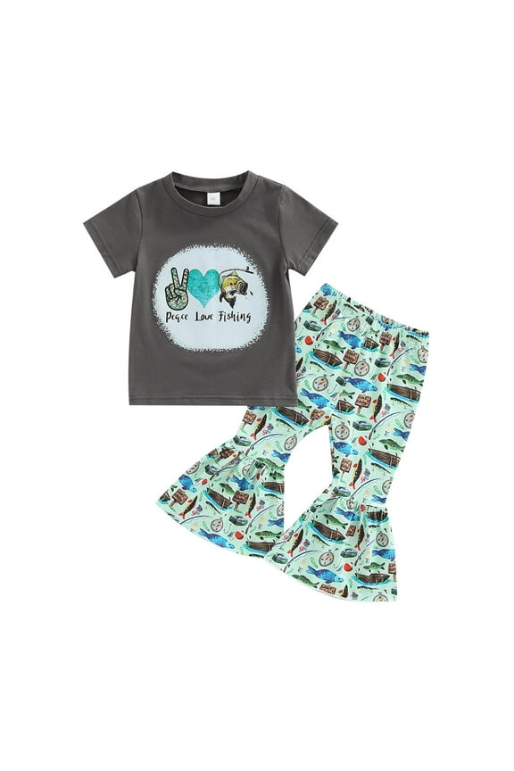 Baby Outfits Children Paece Love Fishing Summer Suit T Shirt Short Sleeved Flared Pants Two Piece Set Baby Clothes For Girls Grey 18 Months-24 Months