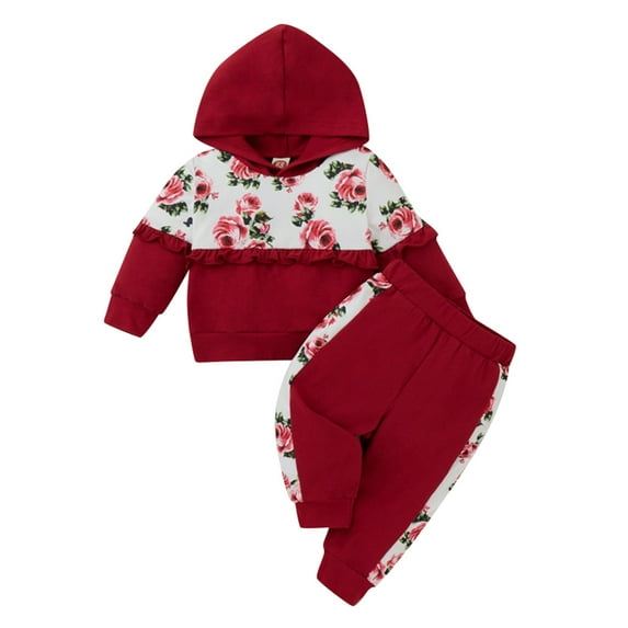Baby Outfits For Boys Casual Floral Long Sleeve Hooded Sweartershirt Pants Set Girls Clothes Red