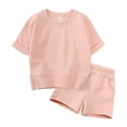 thumbnail image 1 of Baby Outfits For Girls Solid Pullover Short Sleeve Sweat Shirt T Shirt Crewneck Tops Shorts Set Girls' Clothing Sets Pink 12 Months-24 Months, 1 of 6