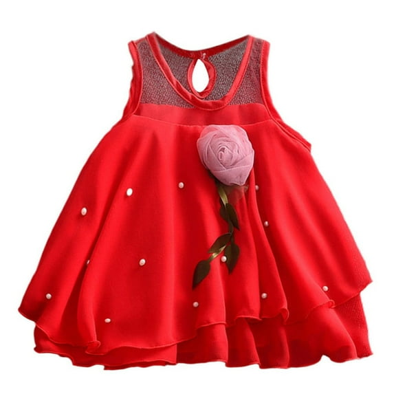 Baby Outfits For Girls Solid Tulle Sleeveless Dresses Flowers Skirt Party Princess Set Girls Clothes Red 12 Months-18 Months