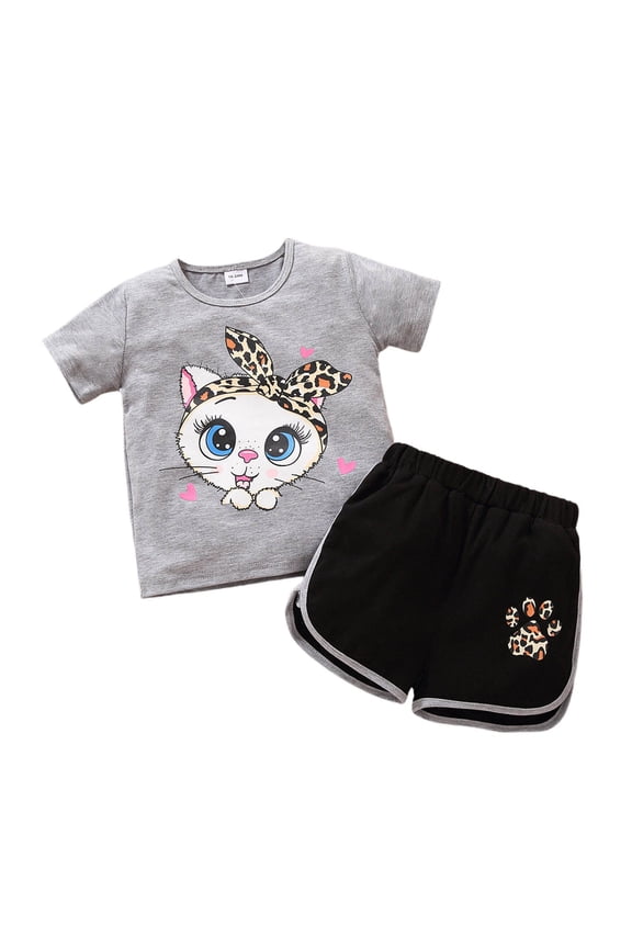 Baby Outfits Girl Leopard Cat Paw Print Adorable Big Eyed Cat Print Ribbed Shorts 2 Piece Set Clothes For Kids Grey 5 Y-6 Y