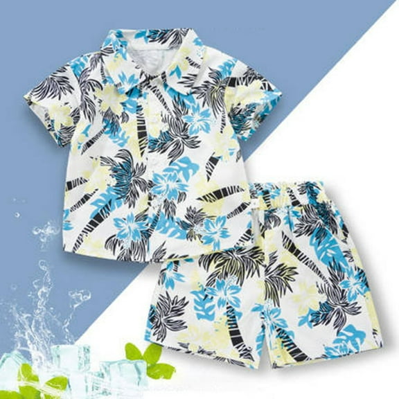 Baby Outfits Hawaiian Style Toddler Kids Boys Tropical Print Shirt and Elastic Waist Shorts Set for Beach Vacation Baby Outfits Boy Yellow 12 Months-18 Months