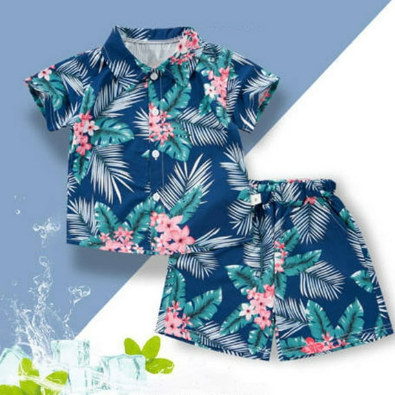 Baby Outfits Hawaiian Style Toddler Kids Boys Tropical Print Shirt and Elastic Waist Shorts Set for Beach Vacation Outfit Boy Blue 12 Months-18 Months