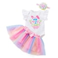 thumbnail image 1 of Baby Outfits Kids Easter Day Fly Sleeve Cartoon Prints Romper Bow Tie Net Yarn Short Skirts Kids Headbands Girls' Clothing Sets B 9 Months-12 Months, 1 of 7