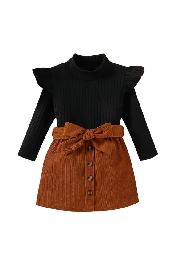 Baby Outfits Ruffles Long Sleeve Ribbed Knitted Turtleneck T Shirt Tops Solid Bow Tie Skirt Baby Girls' Clothing Black 3 Years-4 Years