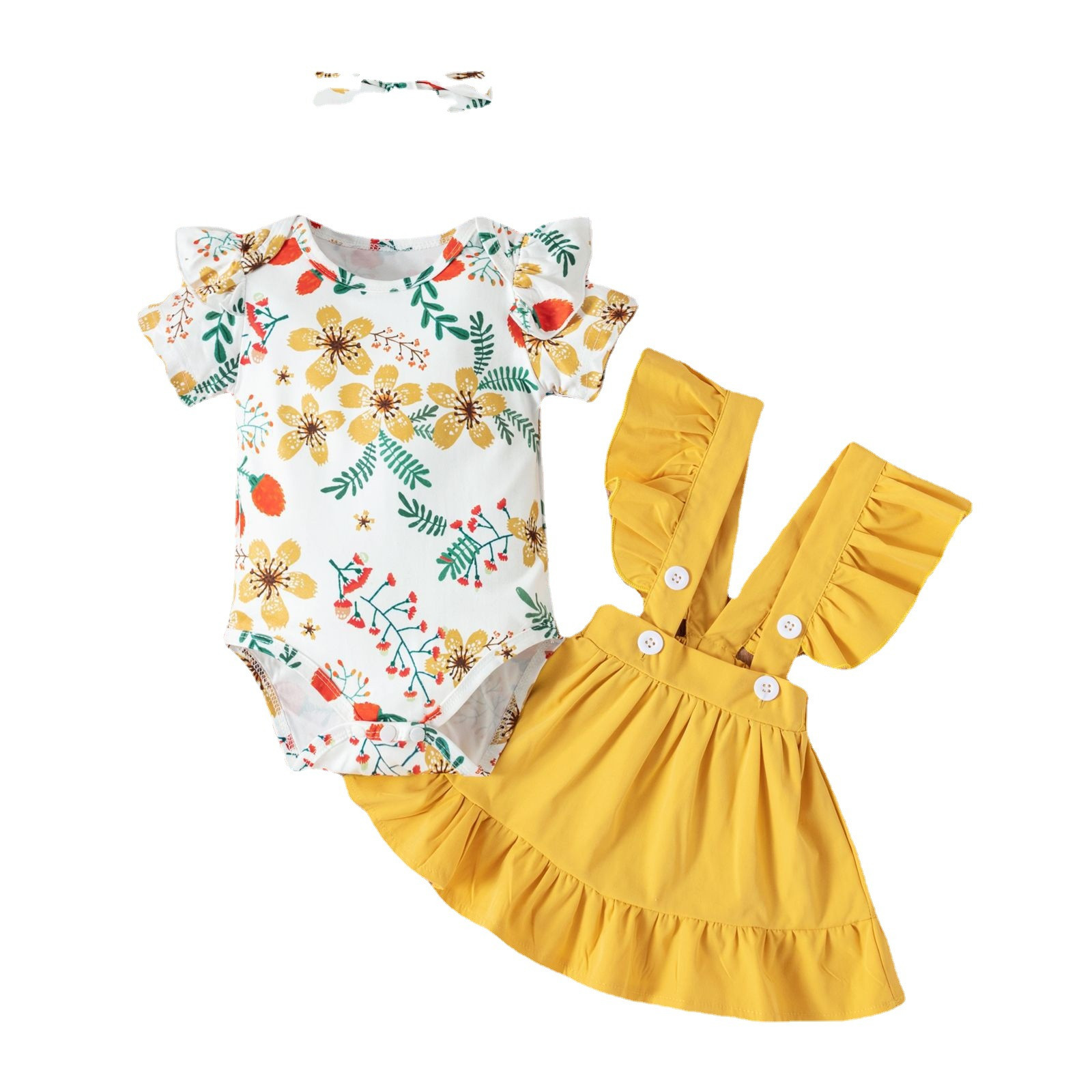 Baby Outfits Set Girls Tops Floral Suspender Short Skirt Sleeve Romper
