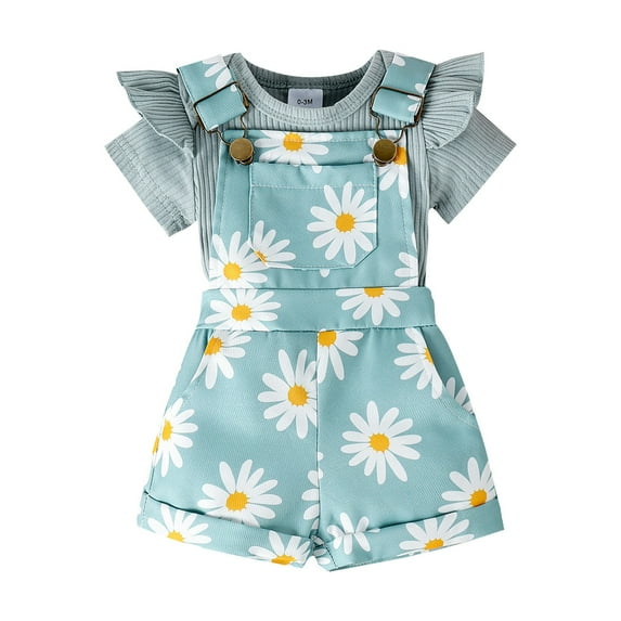 Baby Outfits Solid Color Ribbed Bodysuit With Floral Print Overalls Set Outdoor Play Little Girls Clothes Green 0 Months-3 Months