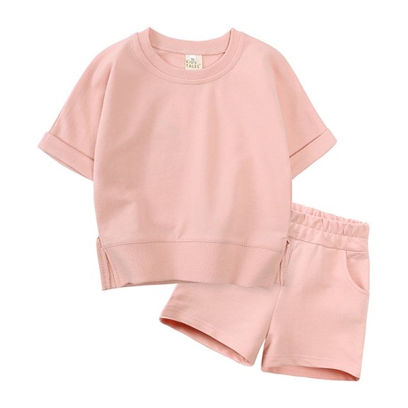 Baby Outfits Solid Pullover Short Sleeve Sweat Shirt T Shirt Crewneck Tops Shorts Set Baby Clothes For Girls Pink 2 Years-3 Years
