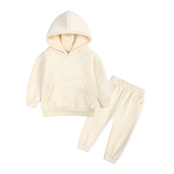 Baby Outfits Spring Winter Solid Warm Thick Long Sleeve Pants Hooded Sweatshirt Pants Girls Clothes Beige