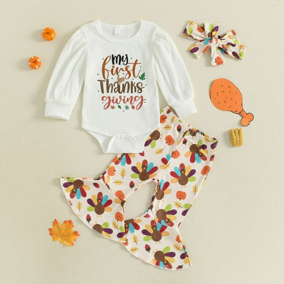 Baby Outfits Thanksgiving Outfit Letter Ribbed Romper Turkey Bottoms Long Dress Headband Fall Baby Clothes White 3 M-6 M