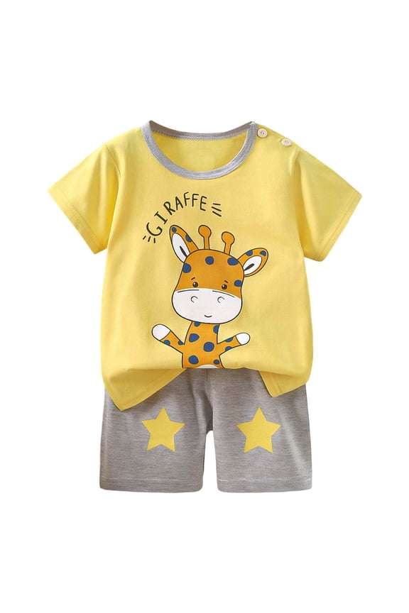 Baby Outfits Toddler Boys Girls Summer Cartoon Giraffe Print Short Sleeve Tops and Elastic Waist Shorts 2PCS Outfit Breathable Soft Girl Outfits Yellow 12 Months-18 Months