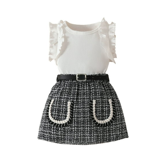 Baby Outfits Toddler Cotton Sleeveless Ribbed Tops T Shirt Plaid Skirts Outfits Unisex Baby Clothes White 9 Months-12 Months