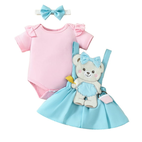Baby Outfits Toddler Ruffles Short Sleeve Romper Cartoon Bear Prints Skirts Headbands Outfits New Born Clothes Baby Girl Red 9 Months-12 Months