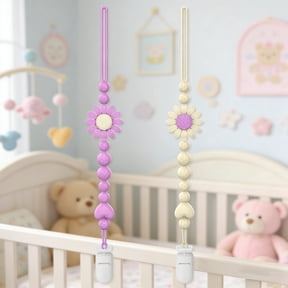 Baby Pacifier Clips One Piece Binky Clip Holder Silicone Teether Clip Pacifier Straps with Clip Baby Teether Toys for Boys and Girls Set of 2 apricot + purple