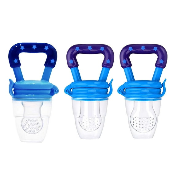 Baby Pacifier Food and Fruit Feeder, Silicone Teether, Blue, Small, Medium and Large, 3-12+ Months Old Infants and Toddlers - 3 Pack
