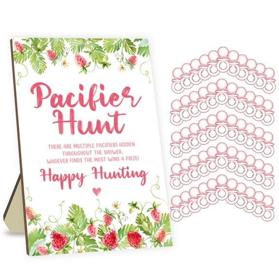 Baby Pacifier Hunt Game, Baby Shower Games Set, Strawberry Theme Baby Pacifier Hunt Sign Board And 50 Mini Pink Acrylic Pacifier, Favorite Adults Games For Baby Shower Activities